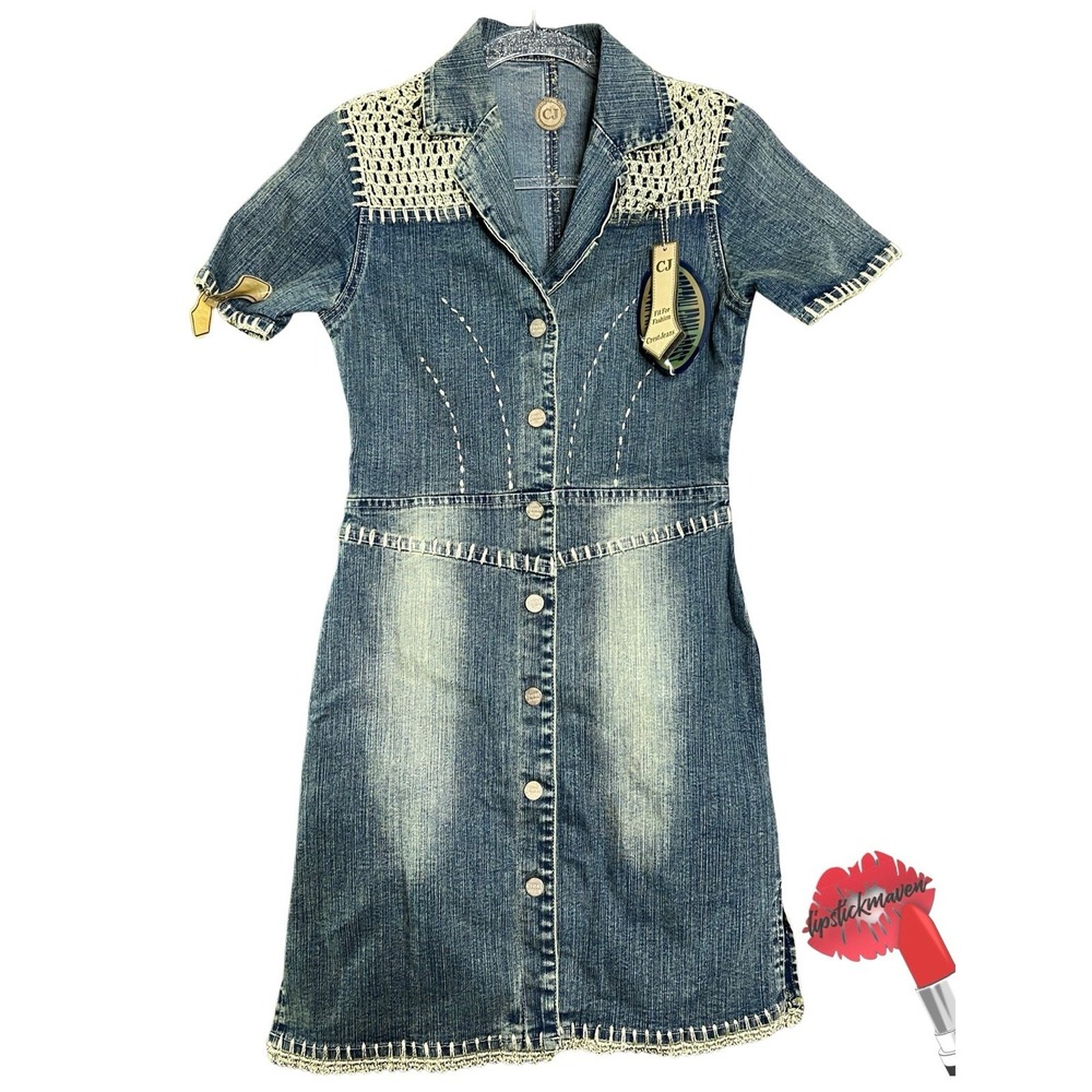 Vintage‎ Y2K Denim Dress Womens Large Blue Jean Midi Short Sleeve